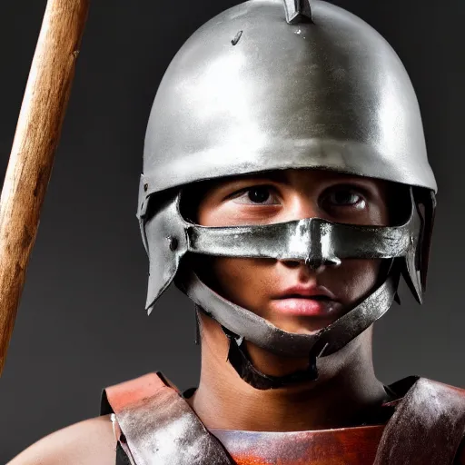 Image similar to Closeup shot of a young Spartan soldier, helmet, spear, painting, majestic art