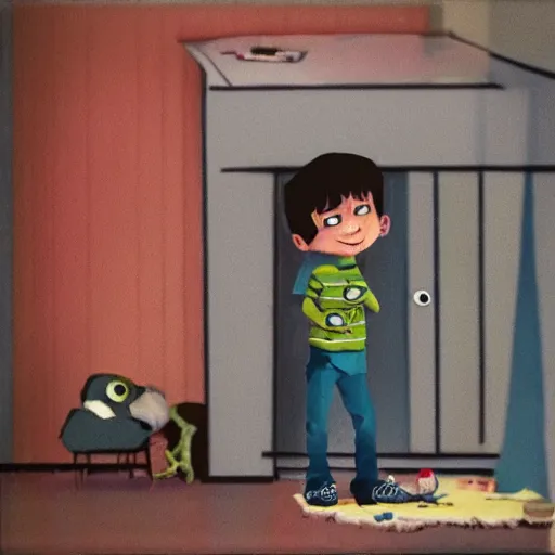 Image similar to a boy finds a small monster under his bed in the style of p. d. eastman