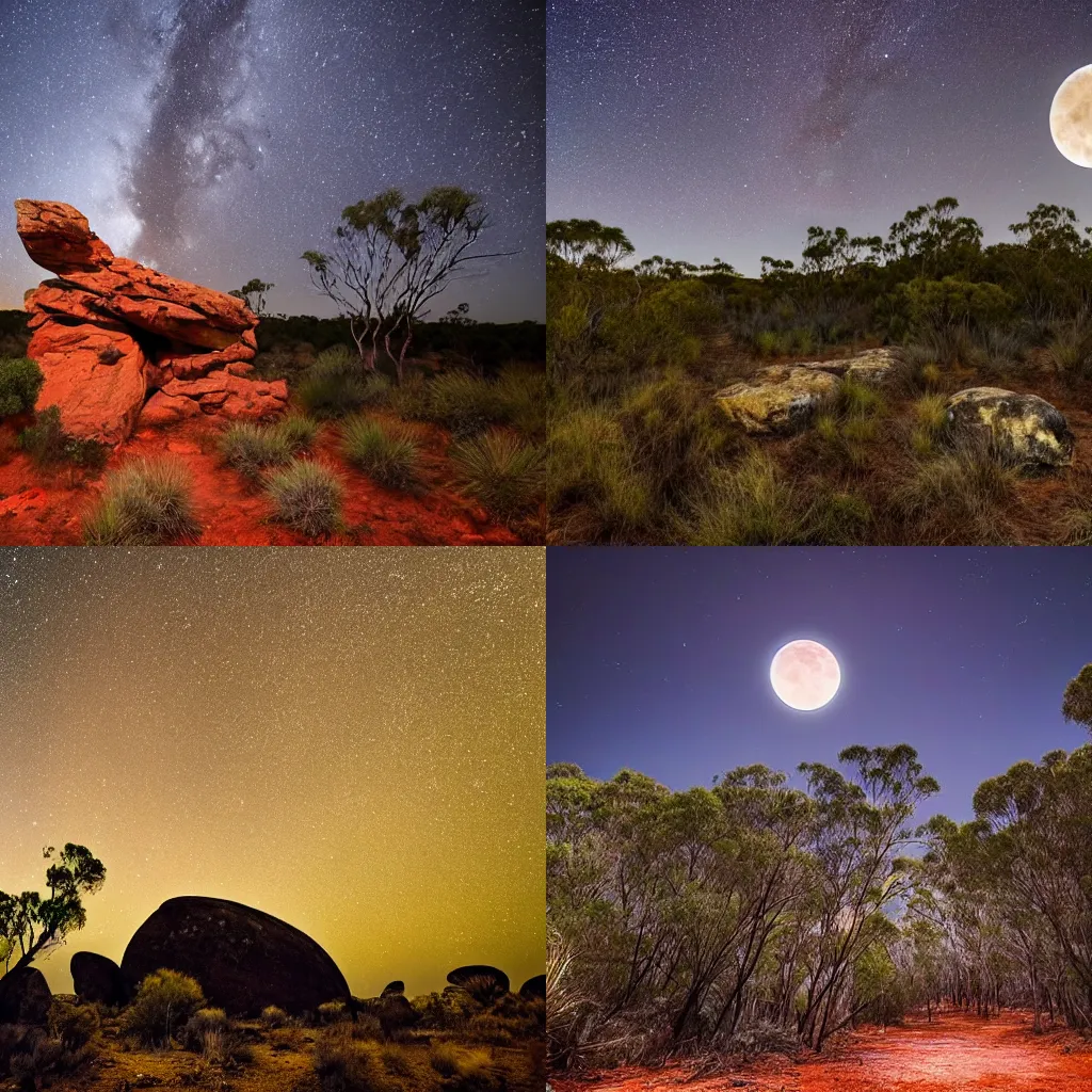 Prompt: A rock formation in an Australian forest, Aussie outback, night time, full moon in background