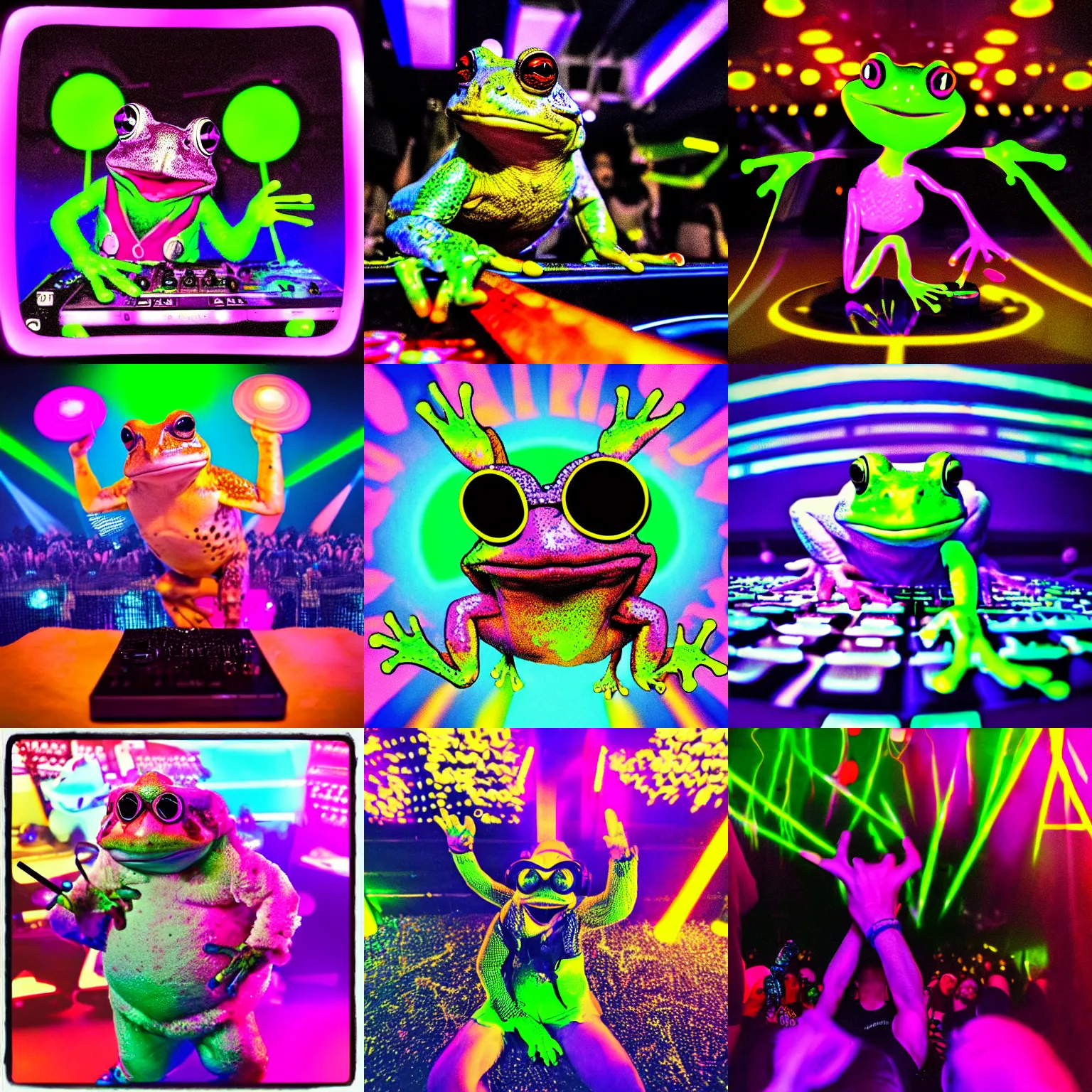 Prompt: a toad dj, instagram photograph of a frog dj performing a set, partying, frog in a rave scene, flash photography, bright colors, party scene, taken at las vegas, frog dj