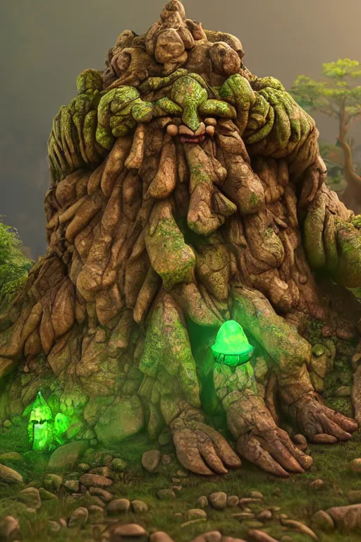 Image similar to zelda fantasy art giant golem troll wood rock greeble gemstone enchanted forest, global illumination ray tracing hdr fanart arstation by sung choi and eric pfeiffer and gabriel garza and casper konefal bastion forged hardmesh lisa frank zbrush central radiating a glowing aura global illumination ray tracing hdr