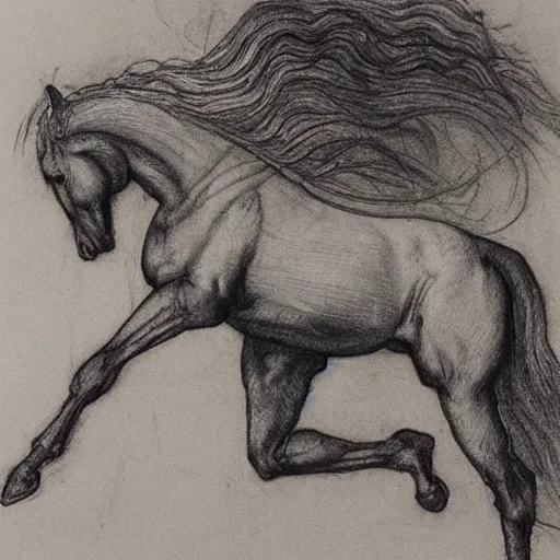 Prompt: a galloping wild horse, side view, gestural-pencil-study by da-vinci and albrecht-durer