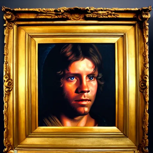 Prompt: a portrait painting of luke from star wars in a renaissance style hanging in the louvre