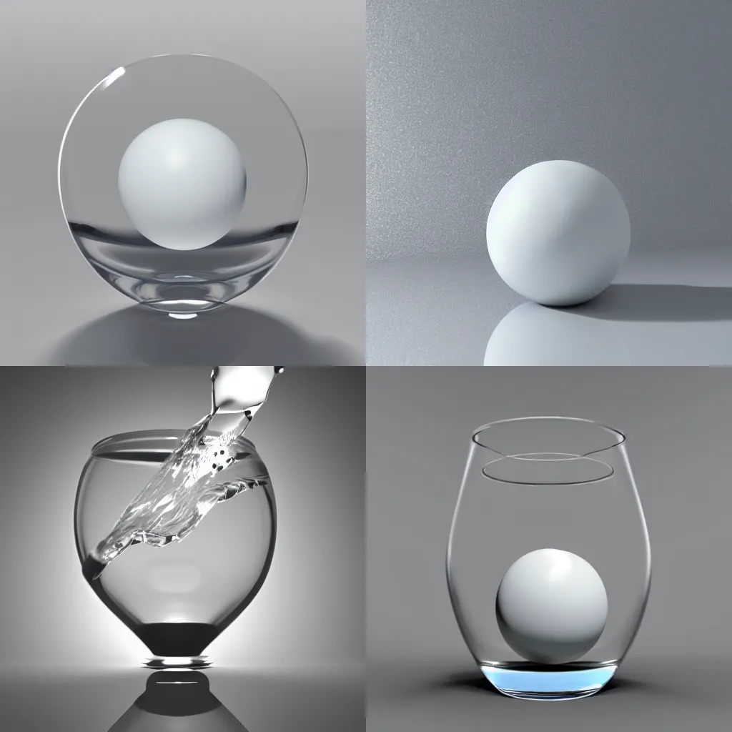 Prompt: 3d render of a solid white ball dropping into a glass container of water