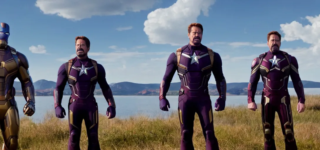 Image similar to a very high resolution image from a new movie. thanos waving at tony stark while capitan america watches on a lake, photorealistic, photography, directed by wes anderson