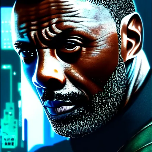 Prompt: wideangle!! portrait shot of idris elba in cyberpunk 2 0 7 7, intricate, elegant, highly detailed, centered, digital painting, artstation, concept art, smooth, sharp focus, illustration, artgerm, tomasz alen kopera, peter mohrbacher, donato giancola, joseph christian leyendecker, wlop, boris vallejo