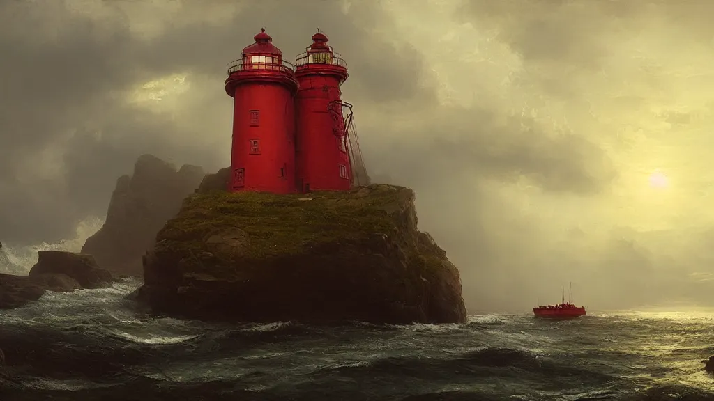 Image similar to red lighthouse in the cave, andreas achenbach, artgerm, mikko lagerstedt, zack snyder, tokujin yoshioka