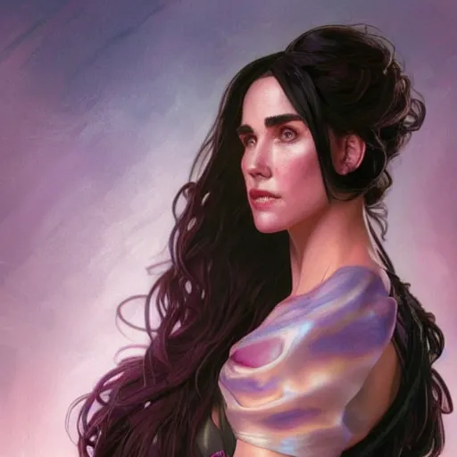 Prompt: Portrait of Jennifer Connelly as a vampire, D&D, muscular, colorful pastel fantasy, intricate, elegant, highly detailed, digital painting, artstation, concept art, smooth, sharp focus, illustration, art by artgerm and greg rutkowski and alphonse mucha