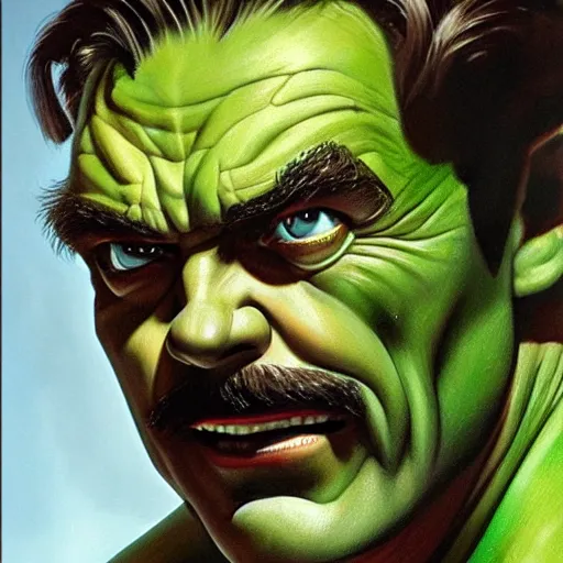 Image similar to ultra realistic head and shoulders portrait painting of tom selleck as green goblin, art by frank frazetta, 4 k, ultra realistic, highly detailed, epic lighting