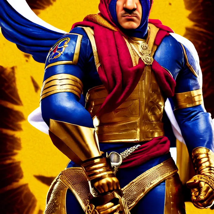 Image similar to cinematic portrait, captain falcon as sheik mohammad ruler of dubai, head and chest only, masterpiece, medieval arabia, sharp, details, hyper - detailed, hd, 4 k