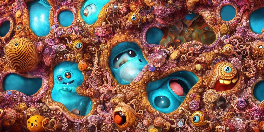 Image similar to of an intricate sea reef with strange cute friendly happy creatures with huge eyes, mouth, long tongue, round teeth and goofy face, appearing from the background, in the style of gehry and gaudi, macro lens, shallow depth of field, ultra detailed, digital painting, trending artstation, concept art, illustration, cinematic lighting, photorealism, epic, octane render