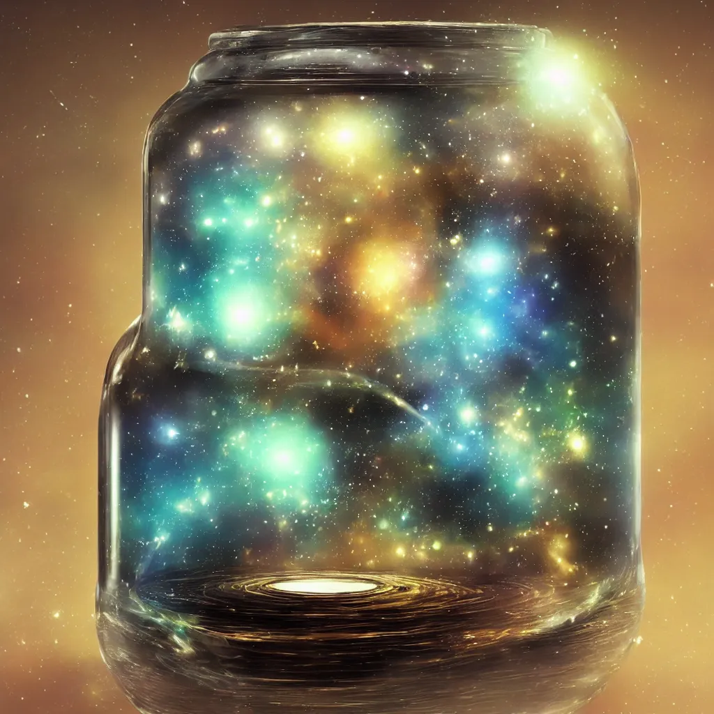 Prompt: a galaxy in a glass jar on a wooden shelf, concept art, science fiction, futuristic style, illustration, digital art