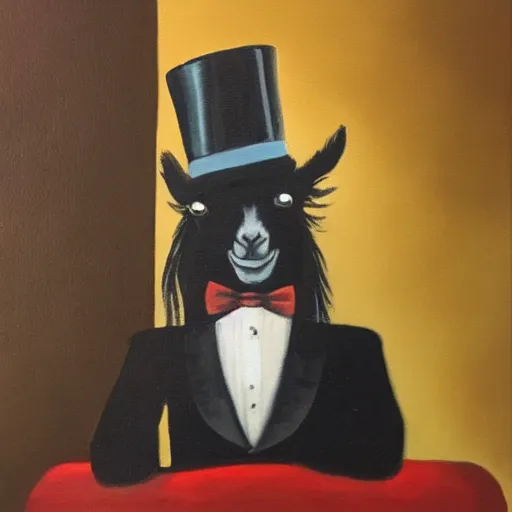 Prompt: an oil painting of a llama wearing a tuxedo and top hat