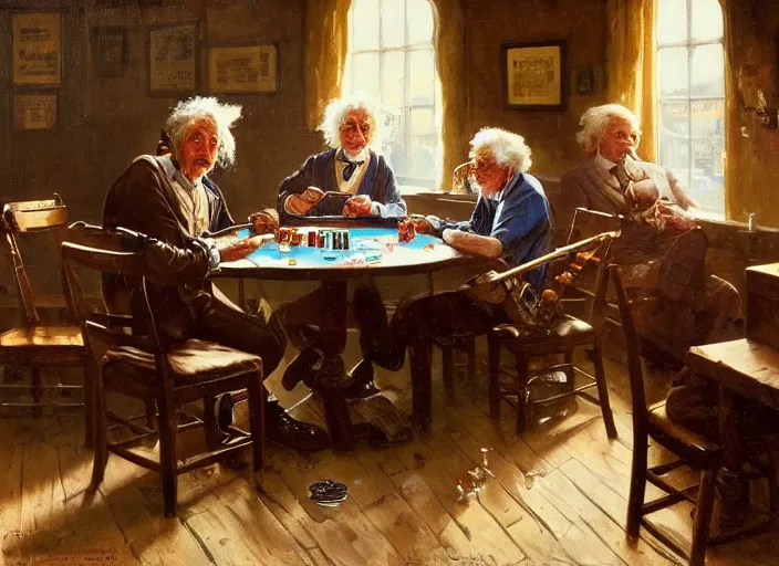 Image similar to albert einstein and isaac newton and stephen hawkins playing poker in an old west saloon, intricate, highly detailed, centered, digital painting, artstation, concept art, smooth, sharp focus, illustration, art by james gurney and norman rockwell and greg rutkowski