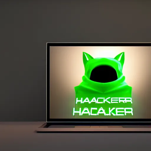 Image similar to a hacker cat, green hoodie accomplished look, dark background, sitting at a laptop, terminal console on screen, shadows, matte painting, bold shapes, hard edges, octane render, unreal engine