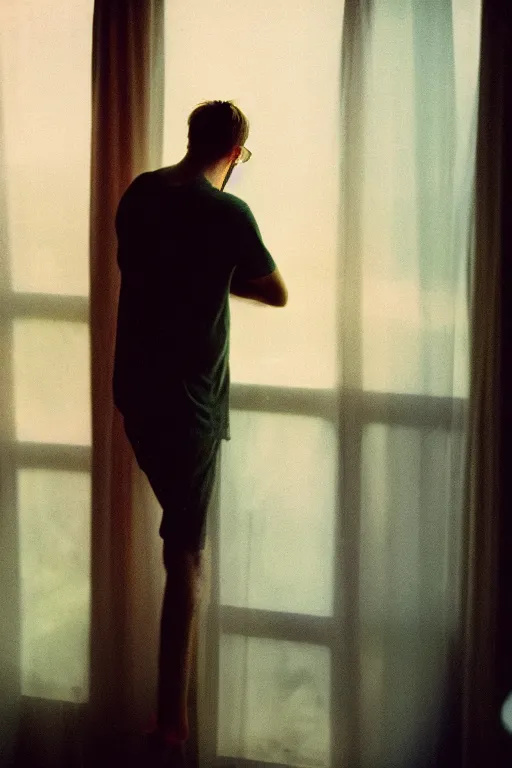Image similar to agfa vista 4 0 0 photograph of a guy on a cluttered bedroom looking out a window, back view, synth vibe, vaporwave colors, lens flare, moody lighting, moody vibe, telephoto, 9 0 s vibe, blurry background, grain, tranquil, calm, faded!,
