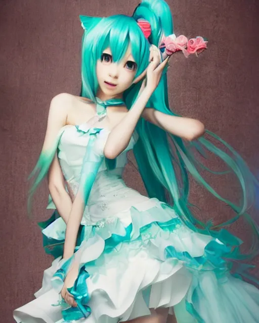 Image similar to Hatsune Miku in wedding outfit by Ruan Jia and Gil Elvgren, fullbody, posing, trending