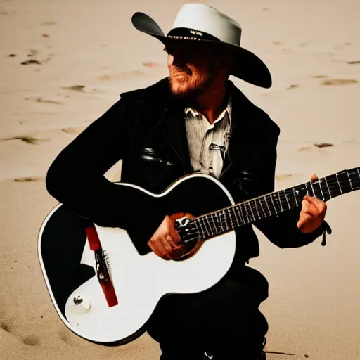 Image similar to photo of a panda wearing a cowboy hat and black leather jacket playing a guitar on a beach