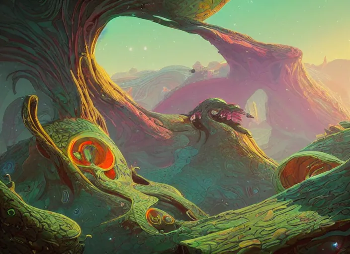 Prompt: psychedelic concept art of a spiraling alien landscape made of fungus and dragons, cel shaded, in the style of makoto shinkai and moebius and peter mohrbacher and anton fadeev