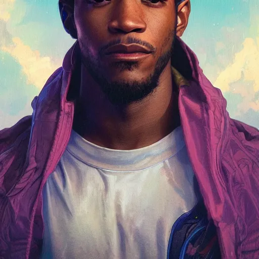 Prompt: scifi character portrait of Kid Cudi, utopian mood, intricate, wild, highly detailed, digital painting, artstation, concept art, smooth, sharp focus, illustration, art by artgerm and greg rutkowski and alphonse mucha