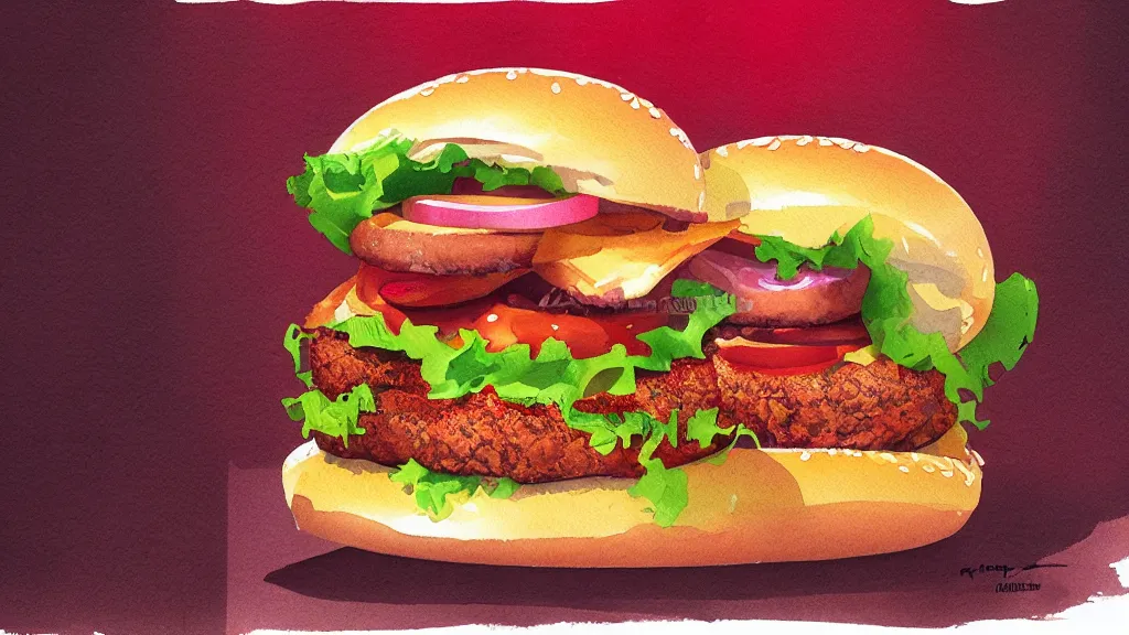 Prompt: hamburguer, kseniia yeromenko, rob duenas, watercolor, illustration, red background, highly detailed