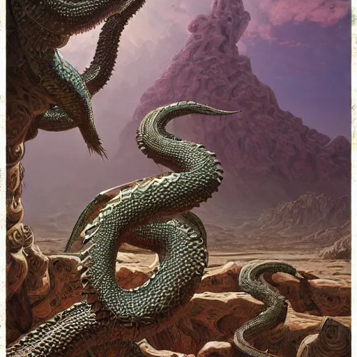 Image similar to desert river serpentine crinoid monster with reptilian iridescent tile scales, maximalist art nouveau, cgsociety, artstation by gustave dore and tyler edlin