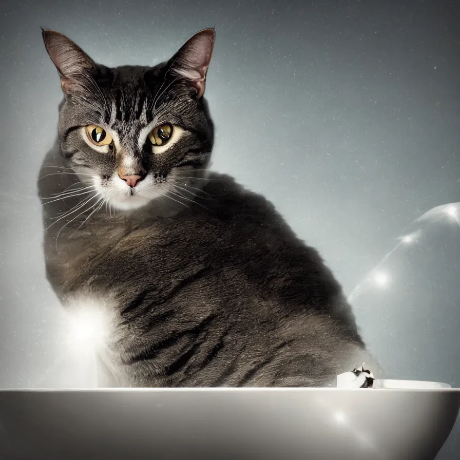 Image similar to an photo of a cat swimming in a bowl of milk, moody lighting, lens flare, atmosphere, glow, detailed, intricate, full of colour, cinematic lighting, trending on artstation, 4 k, hyperrealistic, focused, extreme details, unreal engine 5, cinematic, masterpiece