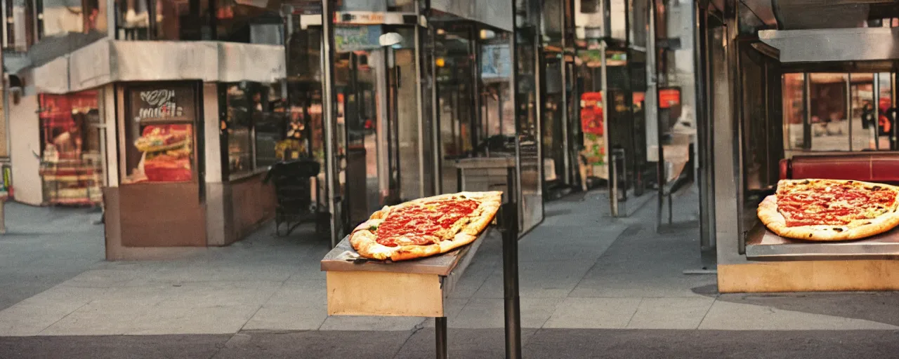 Image similar to a sentient slice of pizza waiting at a bus stop, canon 5 0 mm, cinematic lighting, photography, retro, film, kodachrome