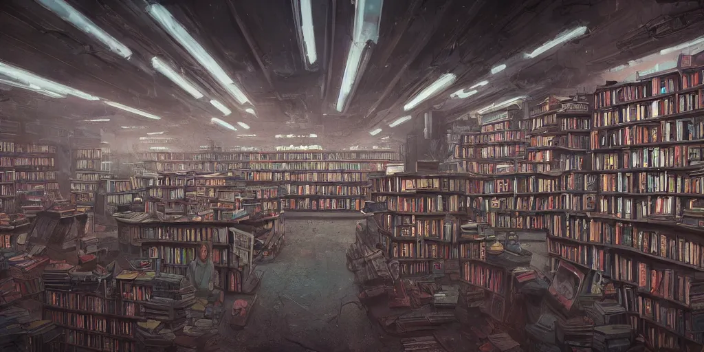 Image similar to cinematic shot of the interior of an old bookstore full of books, dystopian future, neon lights, sci - fi, night lights, haze, concept art, intricate, in the style of katsuhiro otomo, akira, unreal engine