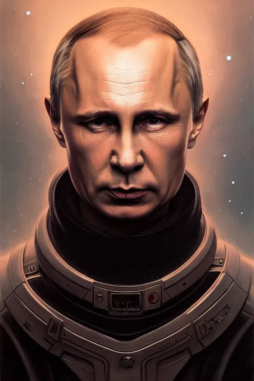 Image similar to a portrait of intergalactic vladimir putin, grim - lighting, high - contrast, intricate, elegant, highly detailed, centered, digital painting, artstation, concept art, smooth, sharp focus, illustration, artgerm, tomasz alen kopera, peter mohrbacher, donato giancola, joseph christian leyendecker, wlop, boris vallejo