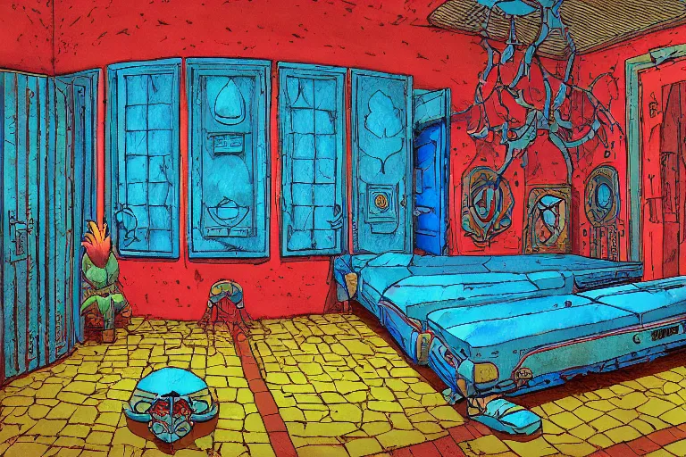 Prompt: blue POINT PERSPECTIVE DUNGEON pineapple ROOM, painted by Edward Gorey and Moebius and Greg Rutkowski and Paul Wenzel and George Barr and Stephen Youll,trending on artstation, iridescent cool blue and cyan and red and blue and yellow and green lighting front view futuresynth , outrun , vibrant colors, Sabattier filter , Watercolor