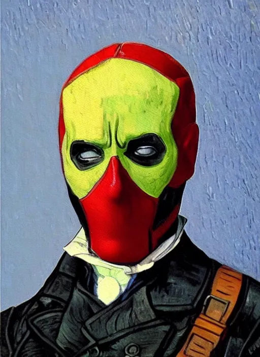 Image similar to oil painting of victorian deadpool created by james jean, vincent van gogh, michaelangelo, fantasy, portrait, highly detailed, large brush strokes