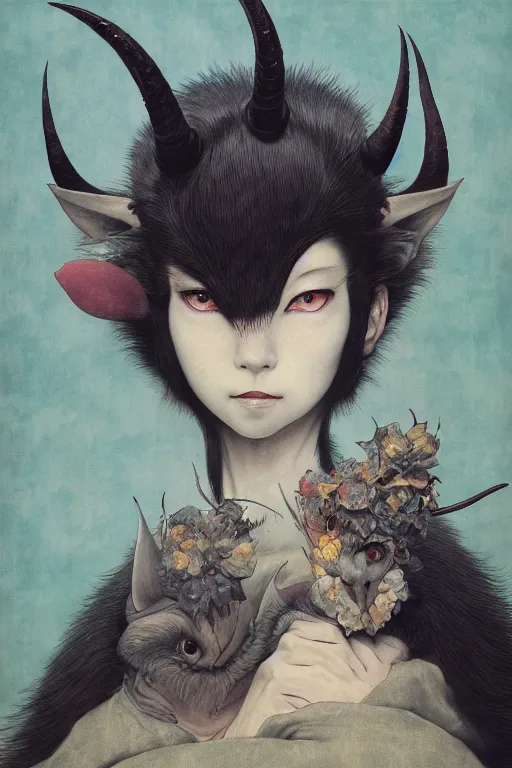 Image similar to a portrait of a japanese devil animal illustrated by miyazaki by karol bak, james jean, tom bagshaw, rococo, sharp focus, trending on artstation, cinematic lighting, hyper realism, octane render, 8 k, hyper detailed, vivid, ultra detailed, highly detailed