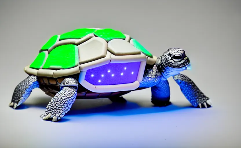 Prompt: artificial Intelligence turtle with its shell made out of modular-synth dials and knobs with a small AMOLED display, LED light accents, sleek design by apple, triple white colorway, modular-synth, VST, 4k, 33mm, high quality photo,