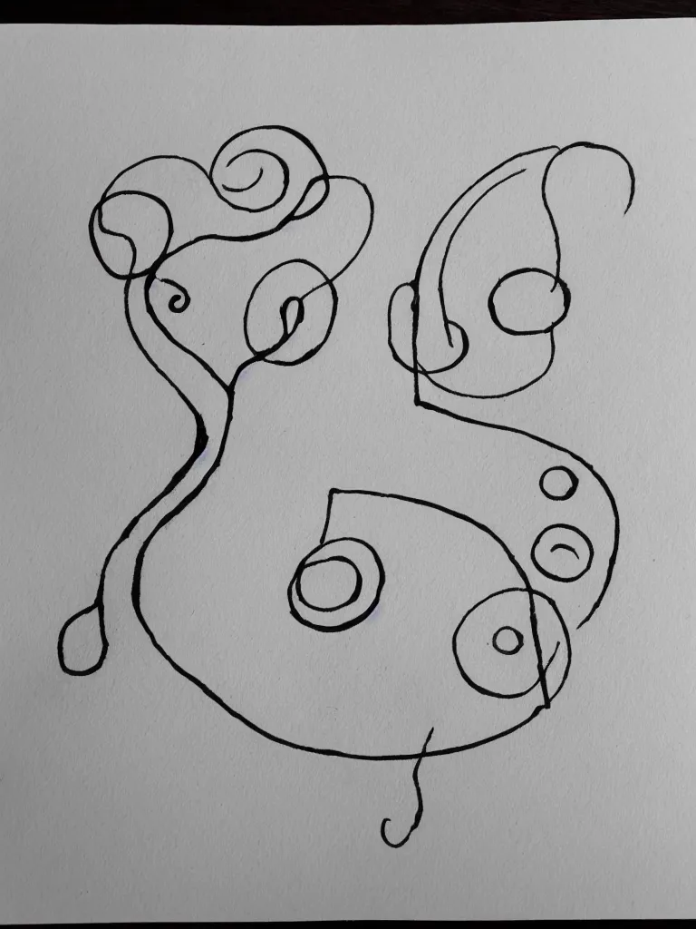 Prompt: single line ink pen drawing of an acorn that turns into a tree in the shape of a treble clef with a few scattered leaves, simple and clean thick lines