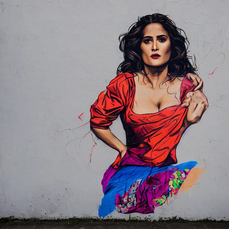 Prompt: Street-art mid-short portrait of Salma Hayek in style of Etam Cru, photorealism, Sony a7R