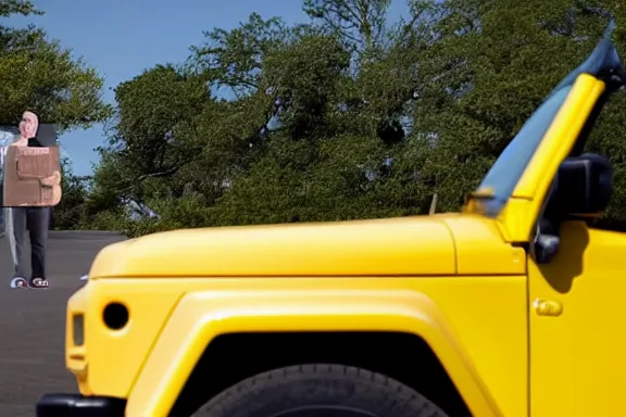 Prompt: a photo taken from a distance of mark zuckerberg laying on the hood of a yellow jeep in the street of a suburban neighborhood