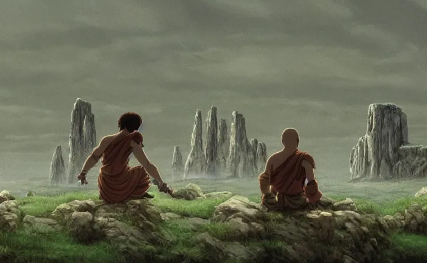 Prompt: movie still from princess mononoke ( 1 9 9 7 ) showing a highly detailed landscape with two monks in lotus position with stonehenge in the background 1 9 8 0 s science fiction, 1 9 7 0 s science fiction, cyberpunk, moody, misty, depth perception, 4 k, artstation