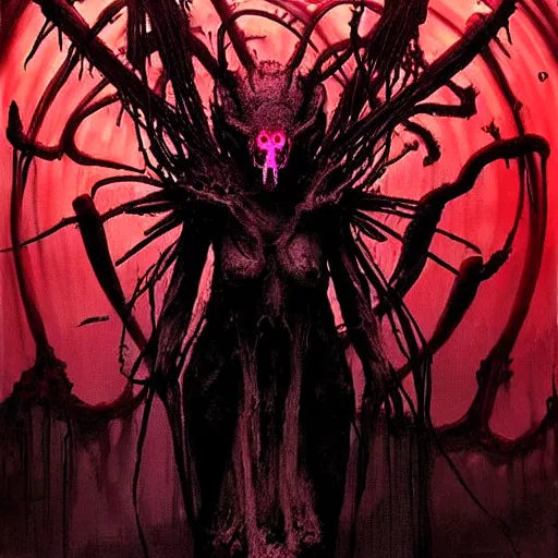 Image similar to a strange eerie magical scary creature in an eerie uncanny hell, transluscent neon, horror, concept art, detailed, award - winning, cinematic, by emil melmoth, by tsutomu nihei, by wayne barlowe,