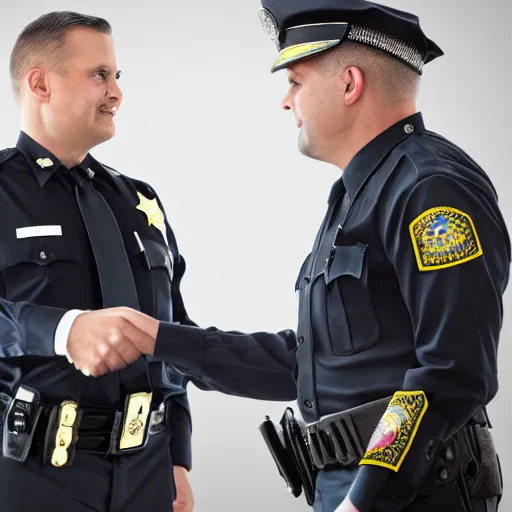 Prompt: A police officer shaking hands with a sheriff, photorealistic