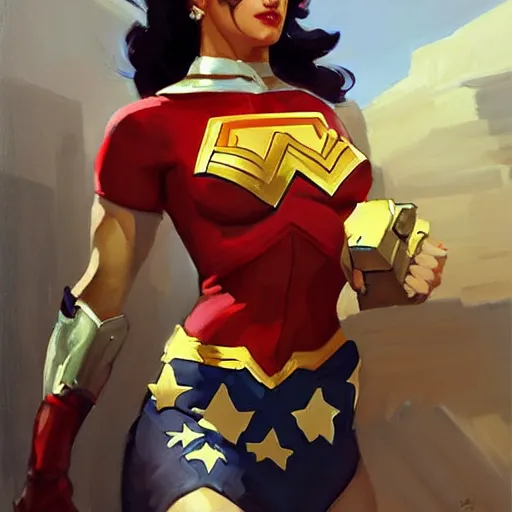 Image similar to greg manchess portrait painting of wonderwoman as overwatch character, medium shot, asymmetrical, profile picture, organic painting, sunny day, matte painting, bold shapes, hard edges, street art, trending on artstation, by huang guangjian and gil elvgren and sachin teng