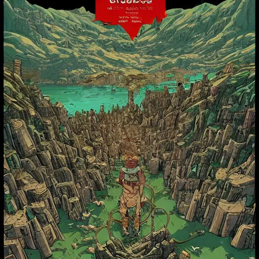 Image similar to cell shaded adult animation, a birds eye view overlooking a walled off ancient fantasy city besieged by monsters, surrounded by mountains and trees of greens and browns, rivers and lakes, concept art by josan gonzales and wlop, Laurie Greasley and james jean, highly detailed, sharp focus, Trending on Artstation, HQ, deviantart, art by artgem