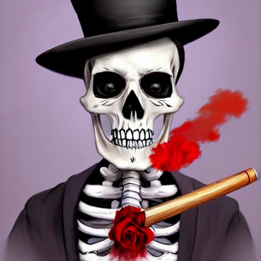 Prompt: close portrait of a fancy skeleton grim reaper with red eyes and with a top hat, smoking a pipe, vaporwave, bedroom, highly detailed, digital painting, artstation, concept art, smooth, sharp focus, illustration, art by artgerm and greg rutkowski and alphonse mucha