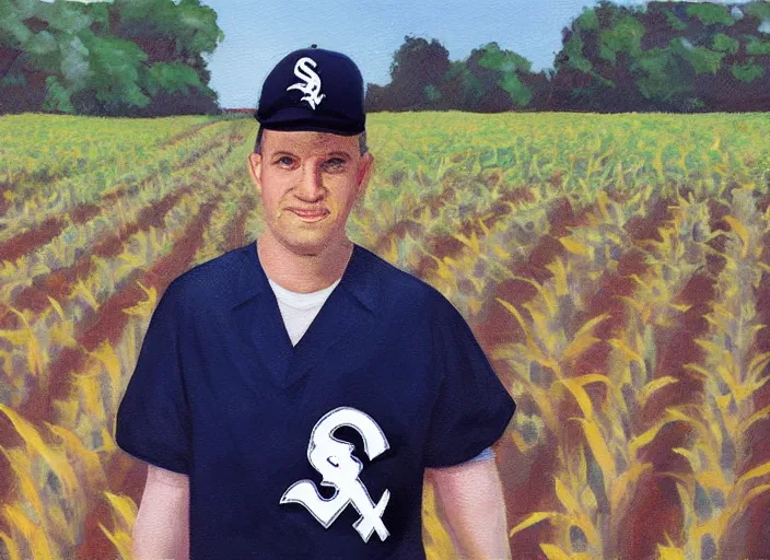 Image similar to painting of paul pater dressed as nurse with a chicago white sox hat in the middle of a corn field