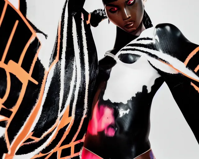 Image similar to extremely beautiful female black marble statue in the style of virgil abloh, colorful motocross logos behind her, sharp focus, clear, detailed,, cinematic, detailed, off white, glamourous, symmetrical, vogue, editorial, fashion, magazine shoot, glossy