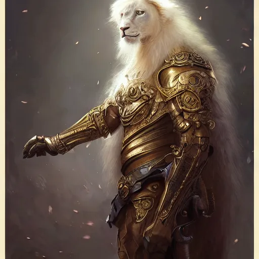 Prompt: a beautfiul award winning commission portrait of an anthro albino lion wearing diamond victorian armour,digital art,art by greg rutkowski,character design by charles bowater,photorealistic,ross tran,hyperdetailed,detailed face,fascinating,2021,western comic style