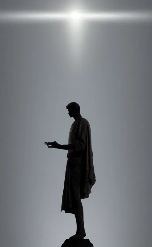 Prompt: a hyper realistic matte painting of light falling on a small statue of a standing man locked in a museum, eerie, dark color scheme, artstation, cgsociety