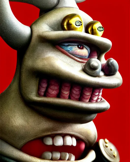 Image similar to highly detailed closeup, face profile portrait of a tin toy matt damon as a medieval demon with horns eating cakes in a castle, hyper realistic, artstation, illustration, nicoletta ceccoli, mark ryden, lostfish, dan decarlo, bob clampett, max fleischer, digital paint, matte paint, vivid colors, detailed and intricate environment