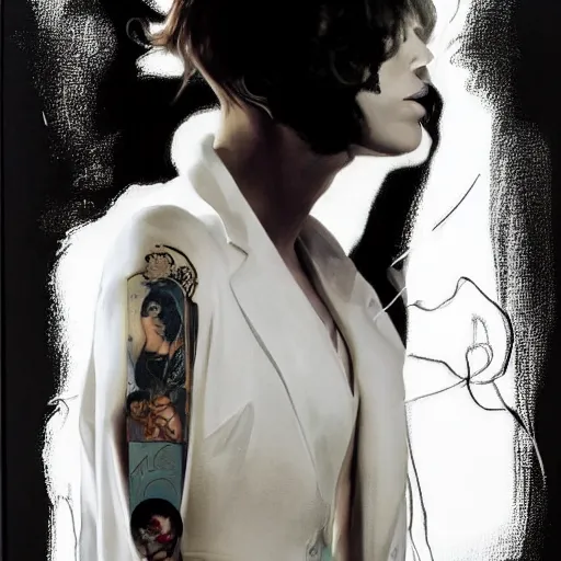 Image similar to stunning portrait of androgynous ruby rose as desire from sandman in a white tuxedo!!!, rockabilly style, by frank moth, by alphonse mucha, by jeremy mann, by peter lindbergh, dave mckean, white suit and black tie, soft lightning, high detailed, 8 k