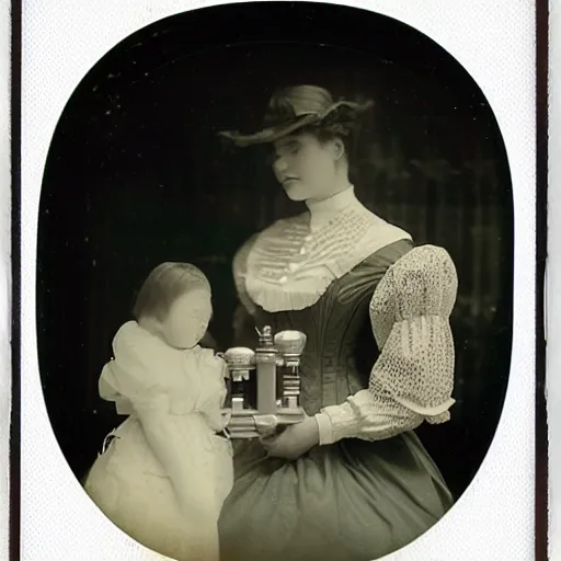 Image similar to portrait of a life size victorian female clockwork robot standing in with a human child in her care, 8 k, soft lighting, highly detailed realistic, face in focus polaroid photography